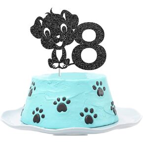 Dog Eight Cake Topper, Happy 8th Birthday Cake Decor, It's my Barkday Party Decoration, Puppy Birthday Party Supplies, Pet Dog Themed - Black Glitter