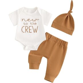 Newborn Baby Boy Girl Clothes New To The Crew Printed Romper Pants Set with Hat Coming Home Hospital Outfits