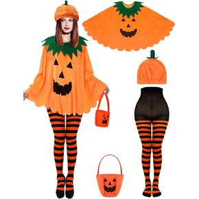 Funtery 4 Pcs Halloween Adult Pumpkin Costume Set Pumpkin Cloak Poncho with Candy Bag Funny Hat Striped Tights for Women Party Cosplay Clothes
