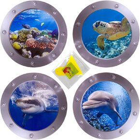 4 PCS Ocean World Wall Window Stickers, 11 Inches Porthole 3D Sea Turtle, Shark, Dolphin Window Sticker Wall Window Decor