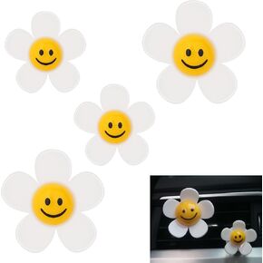 4 PCS Car Accessories for Women, Car Air Vent Clips Air Conditioner Outlet Decoration Car Interior Decor Charm, Smiley Face Sunflower White
