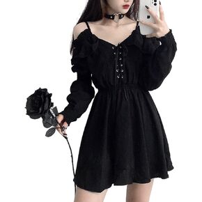 Gothic Dress Women's Dress Plus Size lace Autumn Dress Strapless Long Sleeve Kawaii Black Dress