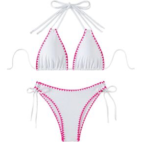 GORGLITTER Women's Contrast Trim Halter Triangle Top Tie Side Hipster Bikini Set Two Piece Swimsuit