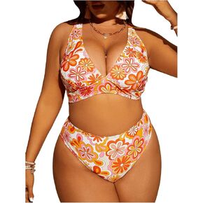 SOLY HUX Women's Plus Size Swimsuit Floral Print High Waisted Bikini Sets Two Piece Bathing Suits