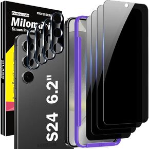 Milomdoi 4 Pack Privacy Screen Protector for Samsung Galaxy S24 with 4 Pack Tempered Glass Camera Lens Protector, Ultra 9H Accessories, case friendly, mounting frame, 2.5D curved