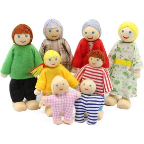 Lovely Happy Dollhouse Dolls Family Set of 8 Wooden Figures for Children House Pretend Gift