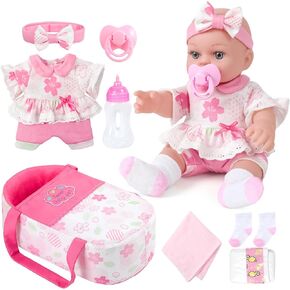 DONTNO 12 Inch Pink Baby Doll with Bassinet Bed,Reborn Baby Doll Includes Clothes and Accessories,Bottles,Nipple,Burp Cloth,Diaper,First Baby Dolls for Toddlers 36 Months and Up