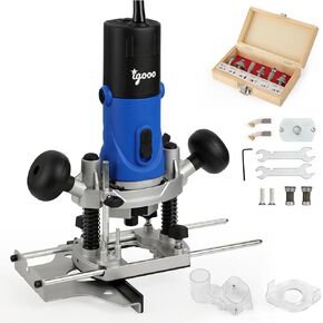 ER850 AC Electric Plunge Woodworking Router Kit, 6 Variable Speed, Soft Start Motor, with Edge Guide, 1/4", 6mm and 8mm Collets, 6 bits, Vacuum Adaptor, 120V60Hz