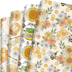 Bolsome 12 Sheets 28 * 20 Inches Bee Wrapping Paper Honeycomb Sunflower Honeybee Patterned Gift Wrap Paper for Baby Shower Spring Holiday Birthday DIY Craft