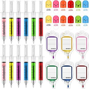 48 Pieces Fun Nurse Pens Set 12 Pcs Syringe Pens 12 Pcs Pill Pens 24 Pcs Blood Bag Sticky Notes Retractable Novelty Ballpoint Pen Cute Ballpoint Pens for Nurses Student School Supplies Doctor Play
