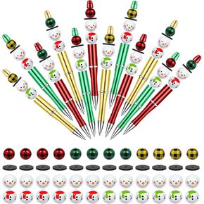 NEWEST 12 Pieces Christmas Beadable Pens Kit Cute Snowman Bead Pens with 48 Beads & 3 Ribbons DIY Pen Making Kit Black Ink Beaded Ballpoint Pens Bulk for Christmas Gifts School Office Supplies