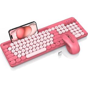 Wireless Keyboard and Mouse Combo, Retro Round Keycaps, Cute Full-Size Typewriter Keyboard with Phone Holder, Sleep Mode, Click Soft, 2.4GHz Cordless Connection for Windows/PC/Laptop (Pink-Colorful)