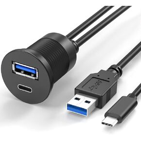 USB Type C 3.0 and USB 3.0 Male to Female Flush Mount Cable Waterproof Kit Accessories Car Dash Panel Mount Adapter Converter Extension Extender for Car Boat Motorcycle Motorbike 3 Feet