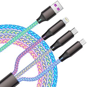 Led Multi Charging Cable, 3in1 3.9ft RGB Light UP Gradual USB to Lightning/Micro USB/Type-C Multi Charger Cable 6A Fast Charing Cord for iPhone, Samsung Galaxy, LG, PS5 More Android Cell Phones