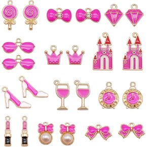 Julie Wang 48 Pcs Bright Pink Enamel Charms Alloy Mixed Makeup Lipstick Bow Pendants for Women Jewelry Necklace Earrings Bracelet DIY Making