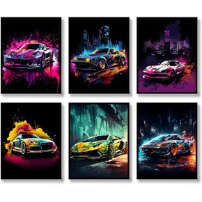 Car Wall Art Prints Set of 6 Street Racing Car Posters Fashion Wall Decor Colorful Landscape Car Paintings Modern Car llustration Aesthetic Photo Picture Canvas Art Painting for Living Room Hallway