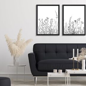 Grdenia Art Wild Flowers Wall Art 2 Piece Black and White Floral Pictures Posters Nature Theme Artwork Framed Botanical Prints Decor for Home Bedroom Bathroom Kitchen Farmhouse 12x16inch Black Frame