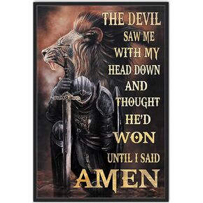Buywell Vintage Metal Tin Sign Jesus Poster Wall Art The Devil Saw Me with My Head Down and Thought He'd Won Until I Said Amen Christian Warrior Poster Novelty Sign 8x12 Inch