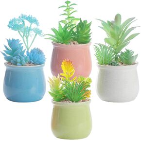 Naidiler Succulents Plants Artificial in Ceramic Pots, 4 Pcs Colorful Potted Fake Succulents Cute Bathroom Plants Vibrant Nature Ecosystem in Home Decor, Desk Plants for Office Windowsills