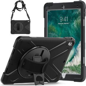 iPad Pro 10.5 Inch Case 2017/ iPad Air 3 Case 2019 for Kids | Heavy Duty Rugged Protective Case with 360 Rotating Stand+[Hand Strap] Shoulder Strap for iPad Air 3rd Generation 10.5 inch | Black