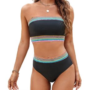 Women Bikini Two Piece Bandeau Swimsuits High Waisted Strapless Bathing Suit Color Block Tummy Control Swim Suits