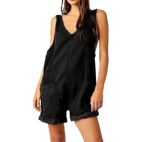 LifeShe Women's Denim Overall Shortall Casual Loose Sleeveless V Neck Jean Overalls Shorts Romper with Pockets