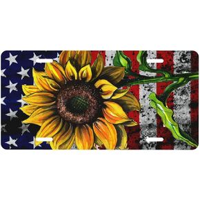 License Plate American Flag Sunflower Decorative Car Front,Metal Car Plate,License Plate,Vanity Tag,Aluminum Novelty License Plate for Men/Women/Boy/Girls Car 6×12 Inch