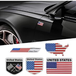 TOMALL 5Pcs 3D Metal USA Badge for Car Side Fender American Flag Emblem Rear Trunk Logo Emblem Badge for All Cars Zinc Alloy United Emblems Symbol Decoration Stickers for Car Exterior Accessories