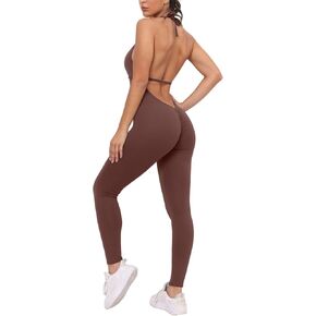 Womens Nude Feeling Halter Yoga Jumpsuit Solid Seamless Backless Workout Athletic Bodysuit Tracksuit Sport Rompers