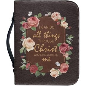 Biblical Aphorism Rose Bible Cover Case for Women PU Leather for Teen Girls Bible Book Cases with Durable Handle Bible Protective Cover Great Christian Gifts L