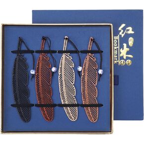 4 Pieces Handmade Wooden Bookmark Gift Box Set, Unique Bookmarks Gifts for Men Women Book Lovers (Feather Style)