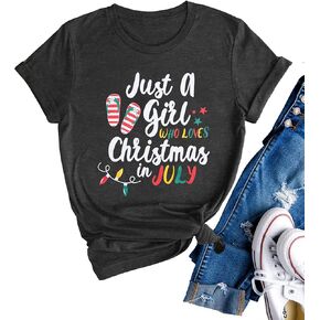 Just A Girl Who Loves Christmas in July Shirt Women Hawaiian Christmas Shirts Summer Beach Vacation Tshirt Summer Holiday Tee