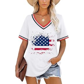 Memorial Day Women's Short Sleeve 4th of July American Flag Star Stripe Patriotic Shirts