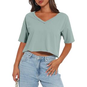 Women's Oversized Crop Tops V Neck Crop Tees Short Sleeve Boxy Tshirts Workout Summer Tops 2024