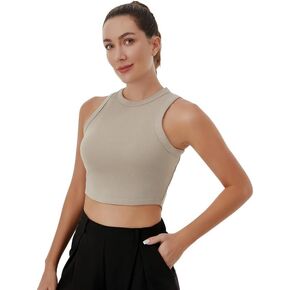 Ribbed Tank Tops for Women Sleeveless Racerback Summer Shirts Crew High Neck Slim Casual Blouses Tee