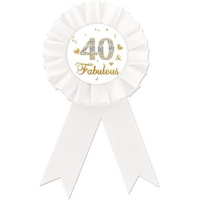 White 40 & Fabulous Tinplate Badge, Gold Glitter Happy 40th Birthday Button Pin, Birthday Rosette Badge Pin for Women, Brooch Buttons for Forty Birthday Party