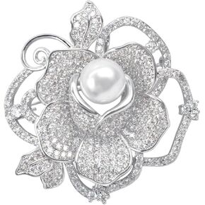 Gyn&Joy CZ White Simulated Pearl Rose Flower Silver Plated Brooch Pin Fashion Jewelry BZ128C
