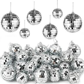 36 Pieces Mirror Disco 4D Ball Silver Hanging Disco 4D Ball Small Party Mirror Balls Cool Reflective Decor Christmas Tree Ornaments for Wedding Party Dance Music Festival, 4Sizes