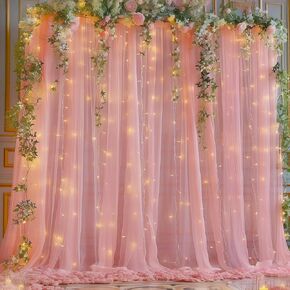 10x10ft Navy Blue Tulle Backdrop Curtain with Lights String for Parites, Sheer Backdrop Curtains for Wedding Baby Shower Birthday Party Photo Shoot Decorations