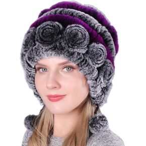 Women Beanie Hats Winter Fluffy Knit Beanie Hats Winter Warm Ear Cover Faux Fur Knit Crochet Skull Cap with Pompom