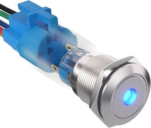 19mm Latching Push Button Switch,12V Waterproof 1NO1NC Single point with LED light Push Button Switch with Wire Socket Plug (Blue) in Saudi Arabia