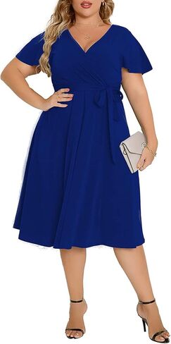 Women's Plus Size Flutter Sleeve Dress Deep V Neck A-Line Swing Midi Dresses in Saudi Arabia
