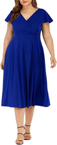 Women's Plus Size Flutter Sleeve Dress Deep V Neck A-Line Swing Midi Dresses in Saudi Arabia