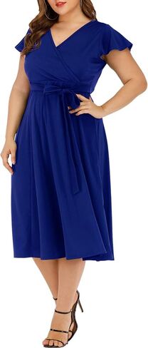 Women's Plus Size Flutter Sleeve Dress Deep V Neck A-Line Swing Midi Dresses in Saudi Arabia