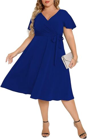 Women's Plus Size Flutter Sleeve Dress Deep V Neck A-Line Swing Midi Dresses in Saudi Arabia