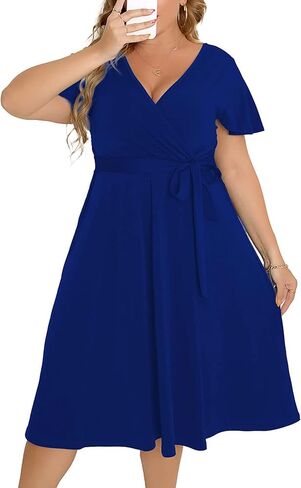 Women's Plus Size Flutter Sleeve Dress Deep V Neck A-Line Swing Midi Dresses in Saudi Arabia