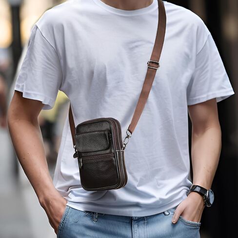 new genuine leather small bag, trendy small bag, men's shoulder bag, crossbody bag, mobile phone bag, waist bag, men's casual versatile small bag(coffee color) in Saudi Arabia