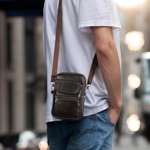 new genuine leather small bag, trendy small bag, men's shoulder bag, crossbody bag, mobile phone bag, waist bag, men's casual versatile small bag(coffee color) in Saudi Arabia