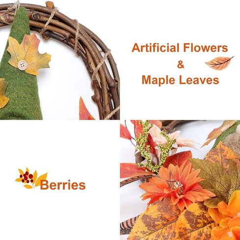 Fall Wreath with Scarecrow, 16 Inch Autumn Harvest Thanksgiving Wreath Artificial Sunflowers Maple Leaves Berries Pumpkins Wreath, Rustic Front Door Window Wall Decoration in Saudi Arabia