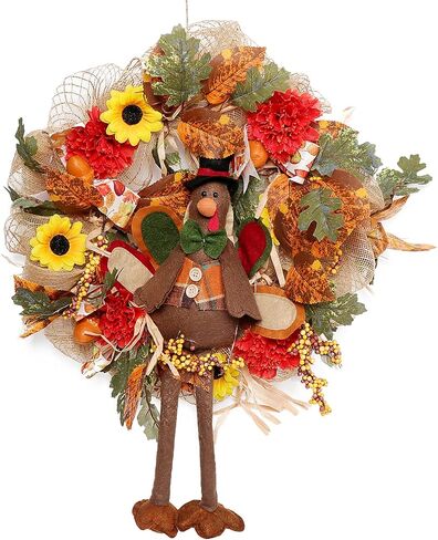 Fall Wreath with Scarecrow, 16 Inch Autumn Harvest Thanksgiving Wreath Artificial Sunflowers Maple Leaves Berries Pumpkins Wreath, Rustic Front Door Window Wall Decoration in Saudi Arabia